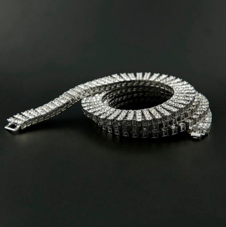 4FREEDOM 4 Row Tennis Chain featuring rhinestone crystals on alloy base metal, 30 inches long, elegantly designed for stylish wear.