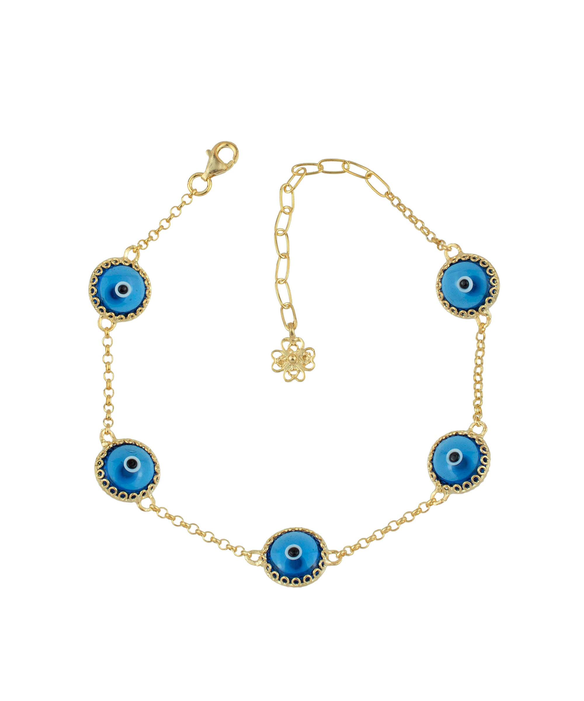 Gold plated sterling silver link bracelet featuring five blue evil eye beads, designed for women, with a lobster claw clasp.