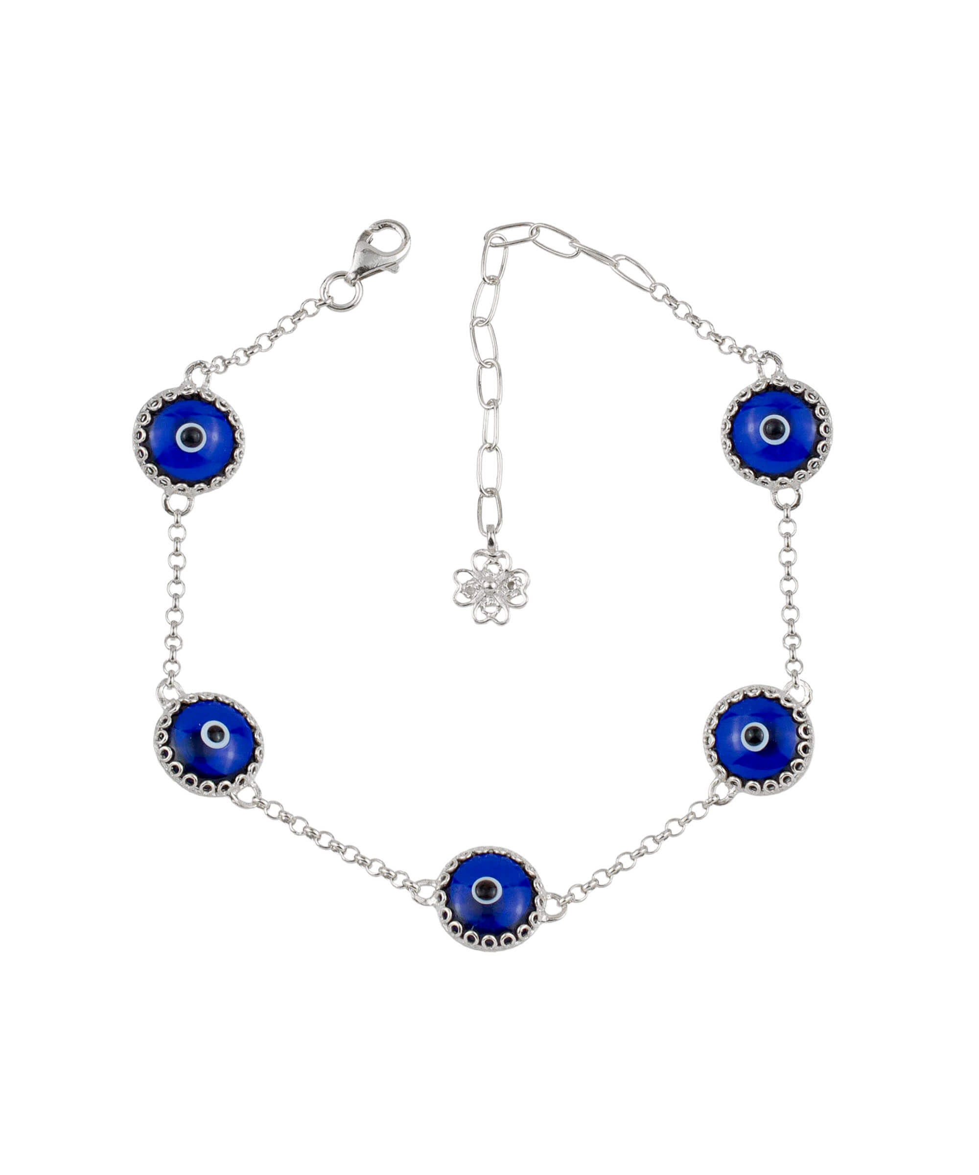 A stylish sterling silver link bracelet featuring five dark blue evil eye beads, designed for women, showcasing a secure lobster claw clasp.