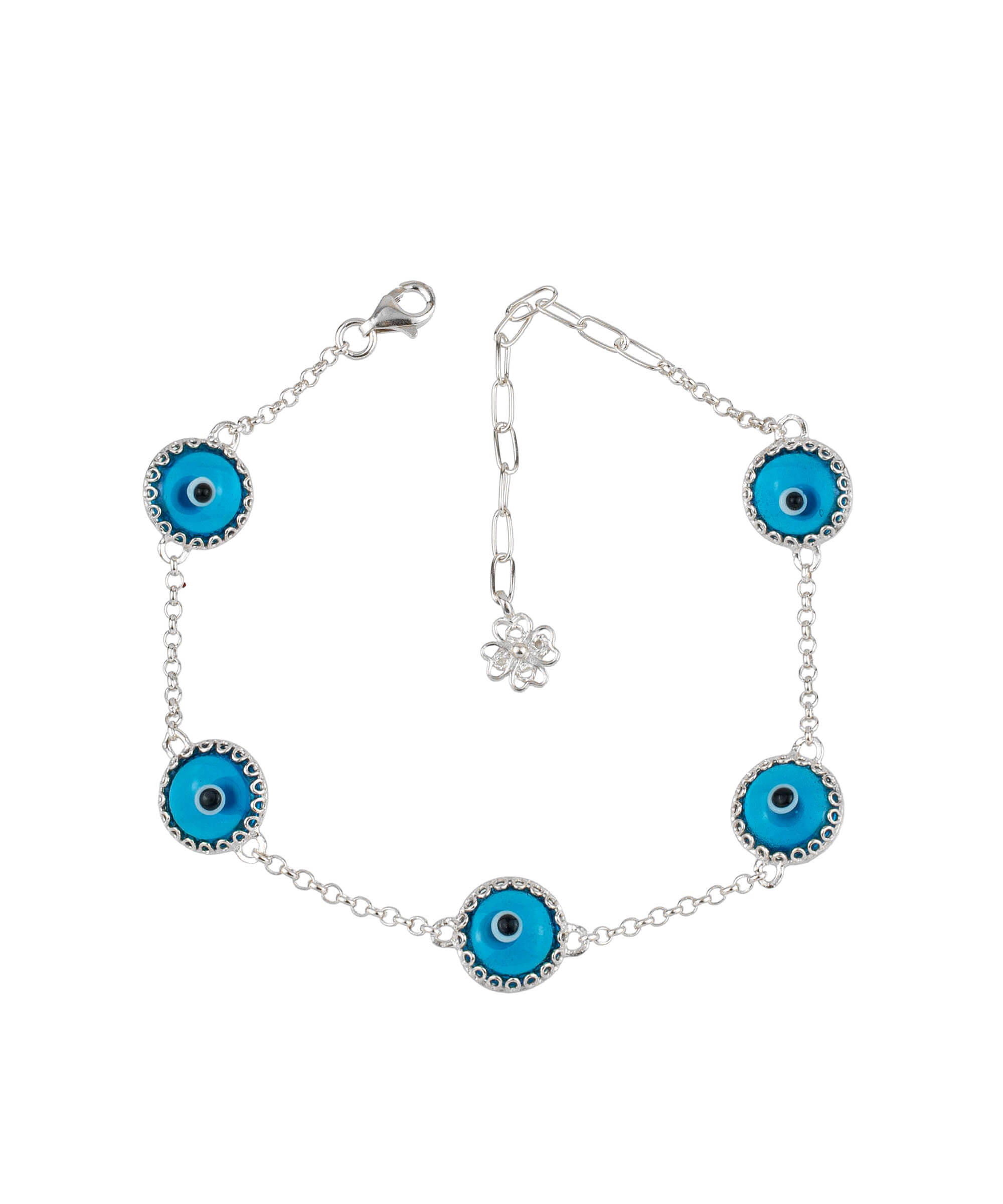 5 Beads Lapis Blue Evil Eye Women Silver Link Bracelet featuring lapis blue beads and sterling silver prongs, elegantly designed for protection and style.