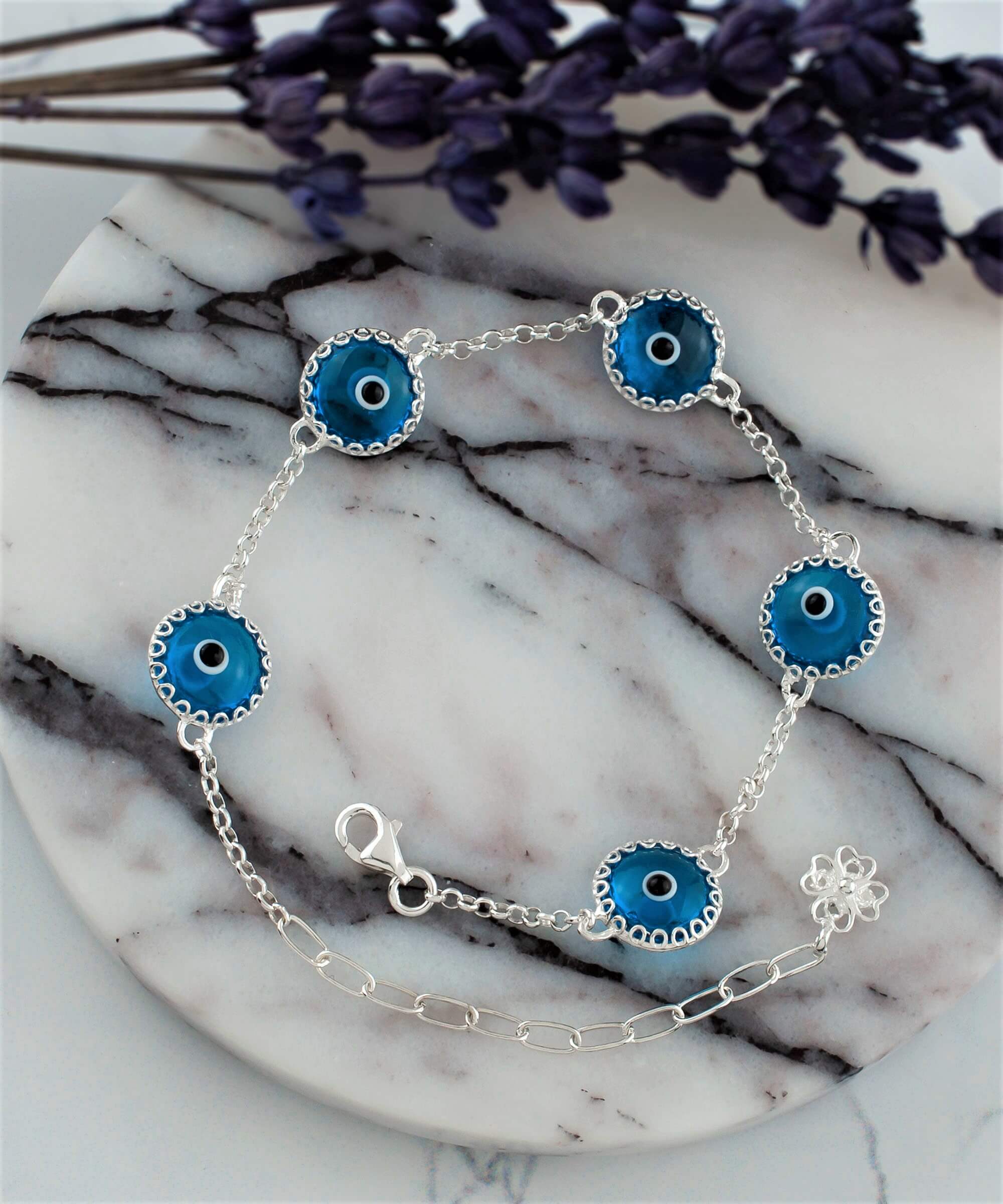 5 Beads Lapis Blue Evil Eye Women Silver Link Bracelet featuring lapis blue beads and sterling silver prongs, elegantly designed for protection and style.