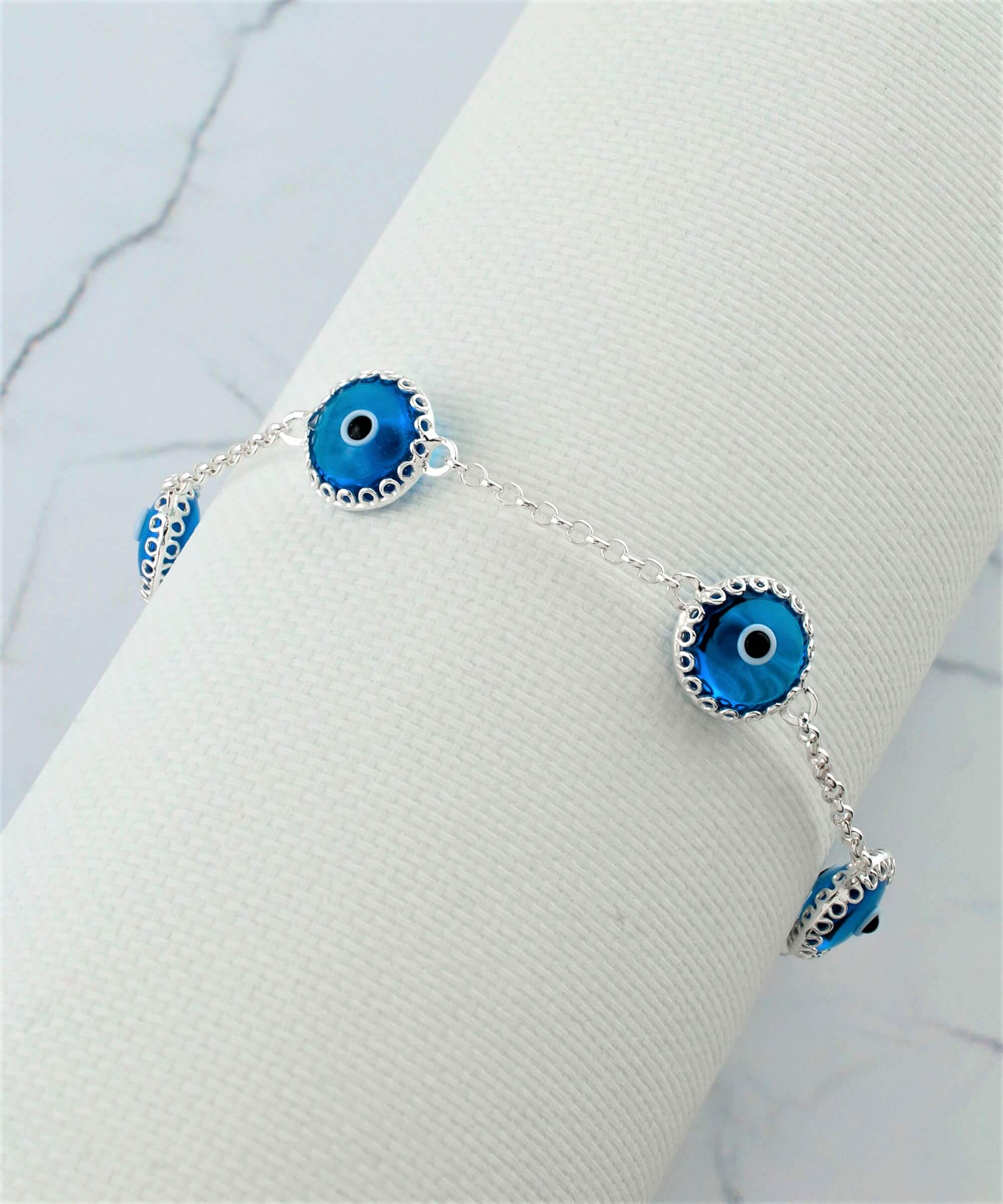 5 Beads Lapis Blue Evil Eye Women Silver Link Bracelet featuring lapis blue beads and sterling silver prongs, elegantly designed for protection and style.