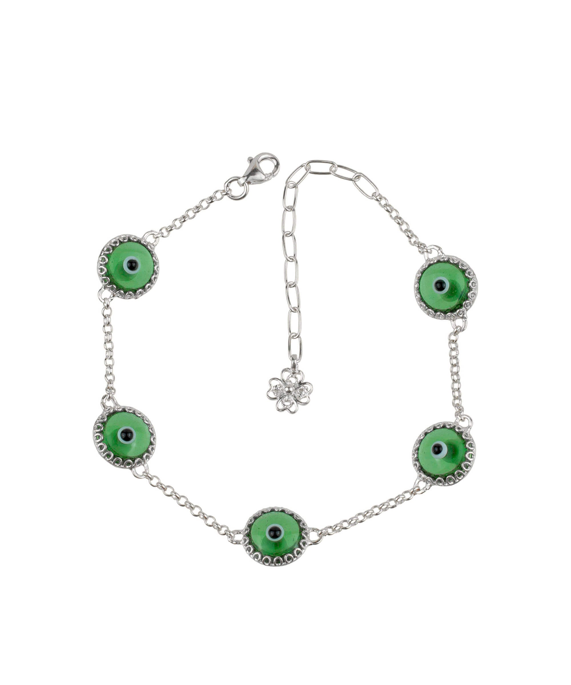 Mint green evil eye women silver link bracelet featuring five beads and a strong rolo chain, elegantly designed for protection and style.