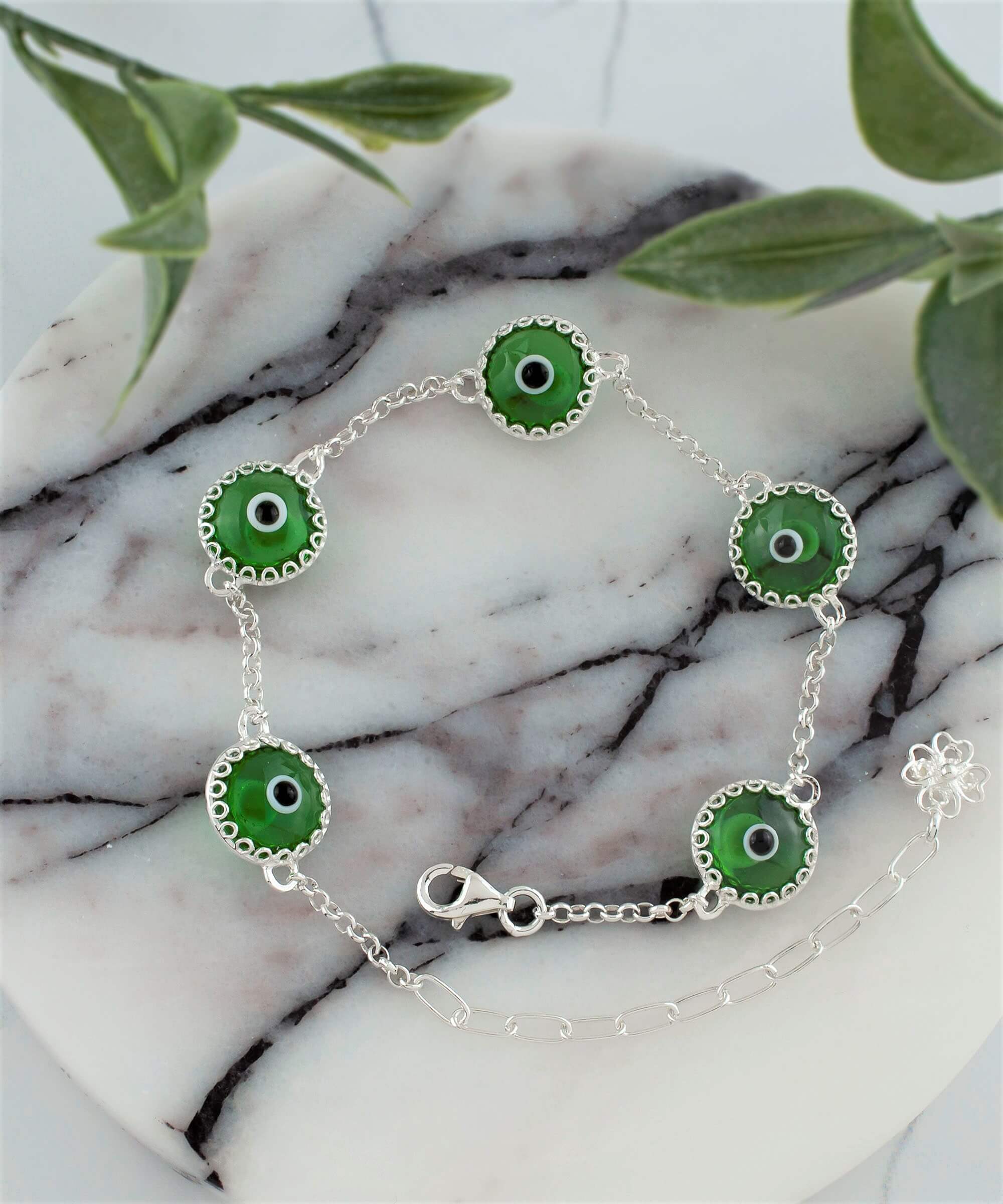 Mint green evil eye women silver link bracelet featuring five beads and a strong rolo chain, elegantly designed for protection and style.