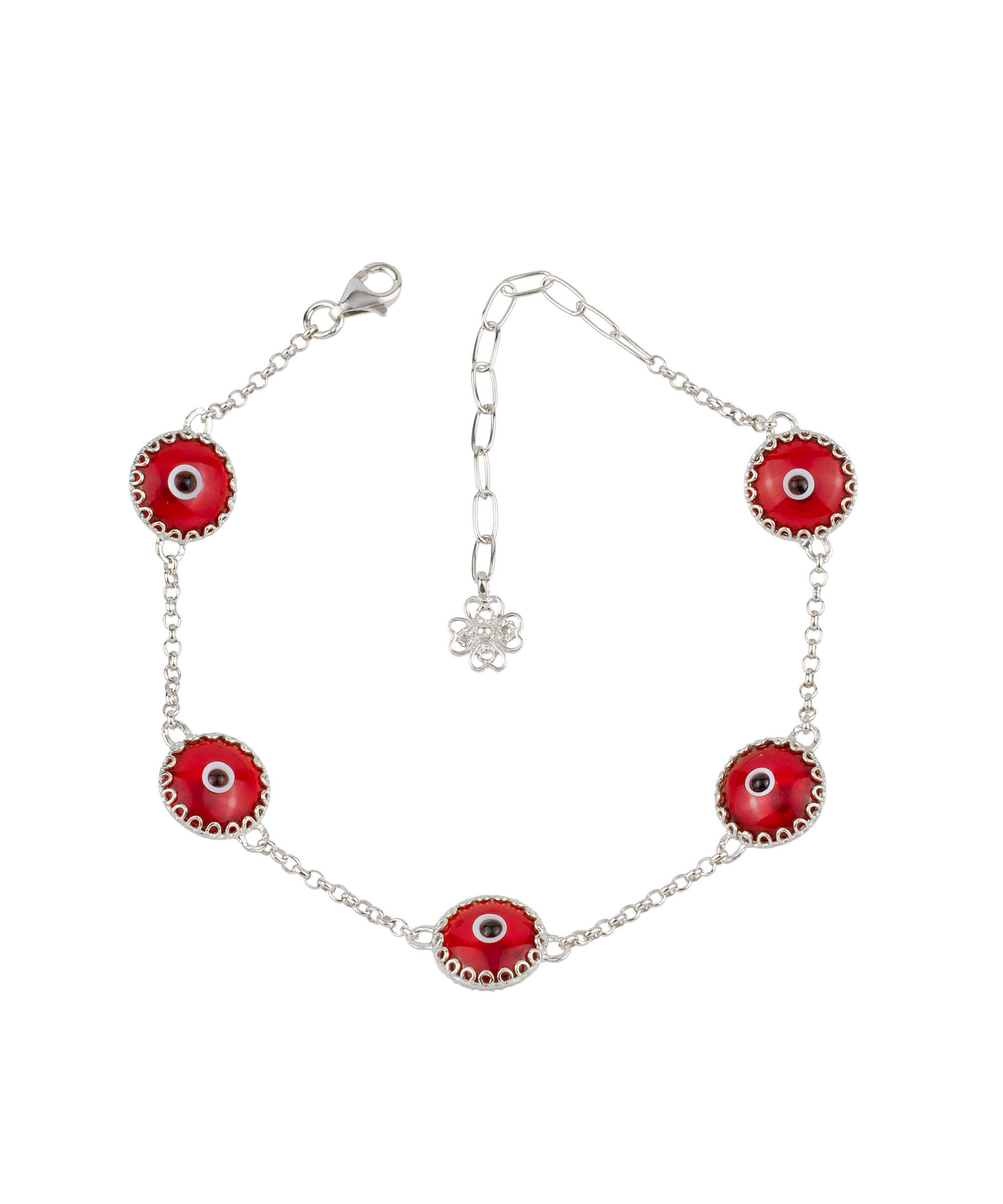 A stylish 5 Beads Red Evil Eye Women Silver Link Bracelet featuring five red evil eye beads wrapped in silver prongs on a rolo chain.