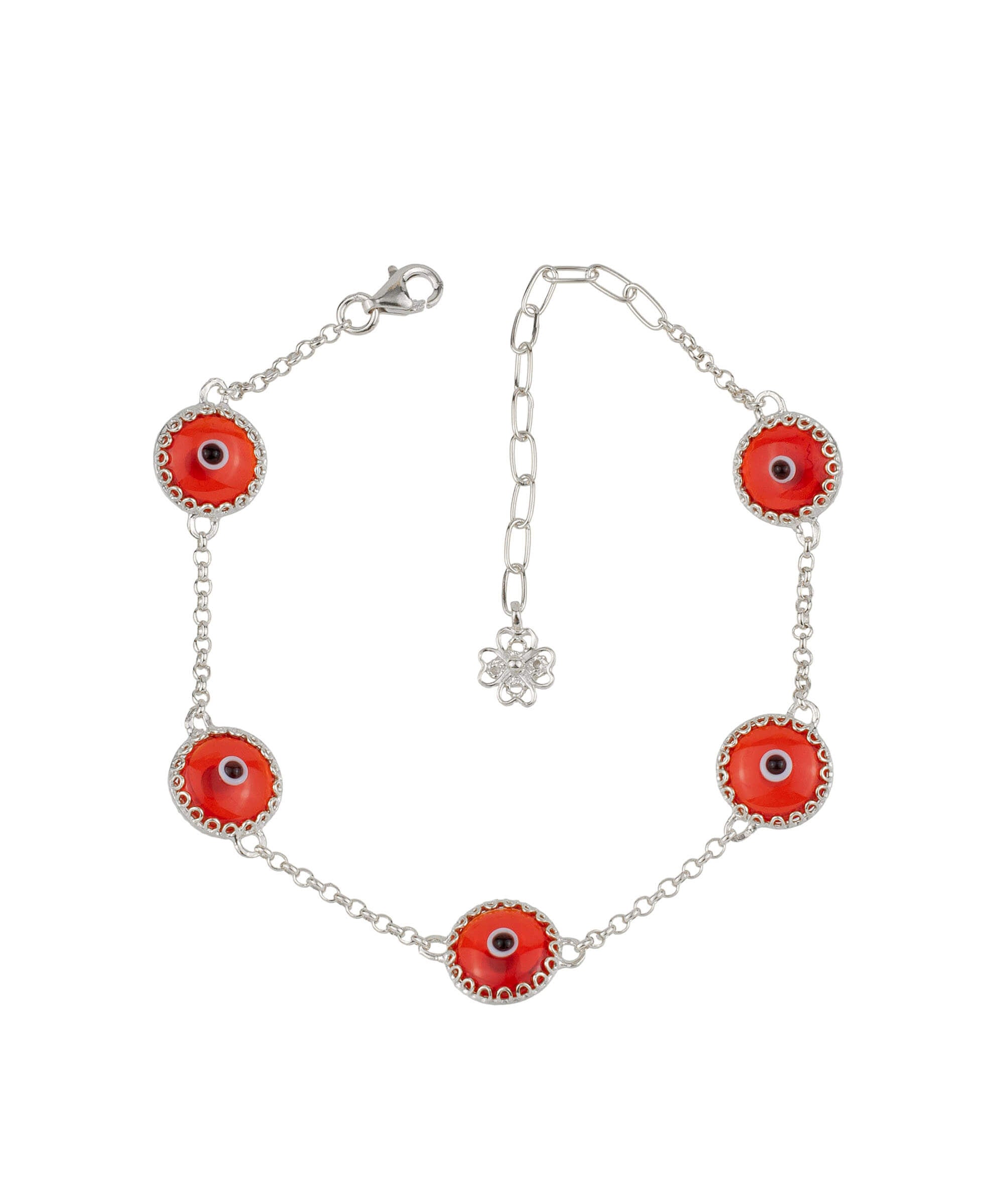 5 Beads Scarlet Evil Eye Women Silver Link Bracelet featuring five scarlet beads on a sterling silver rolo chain with a lobster claw clasp.