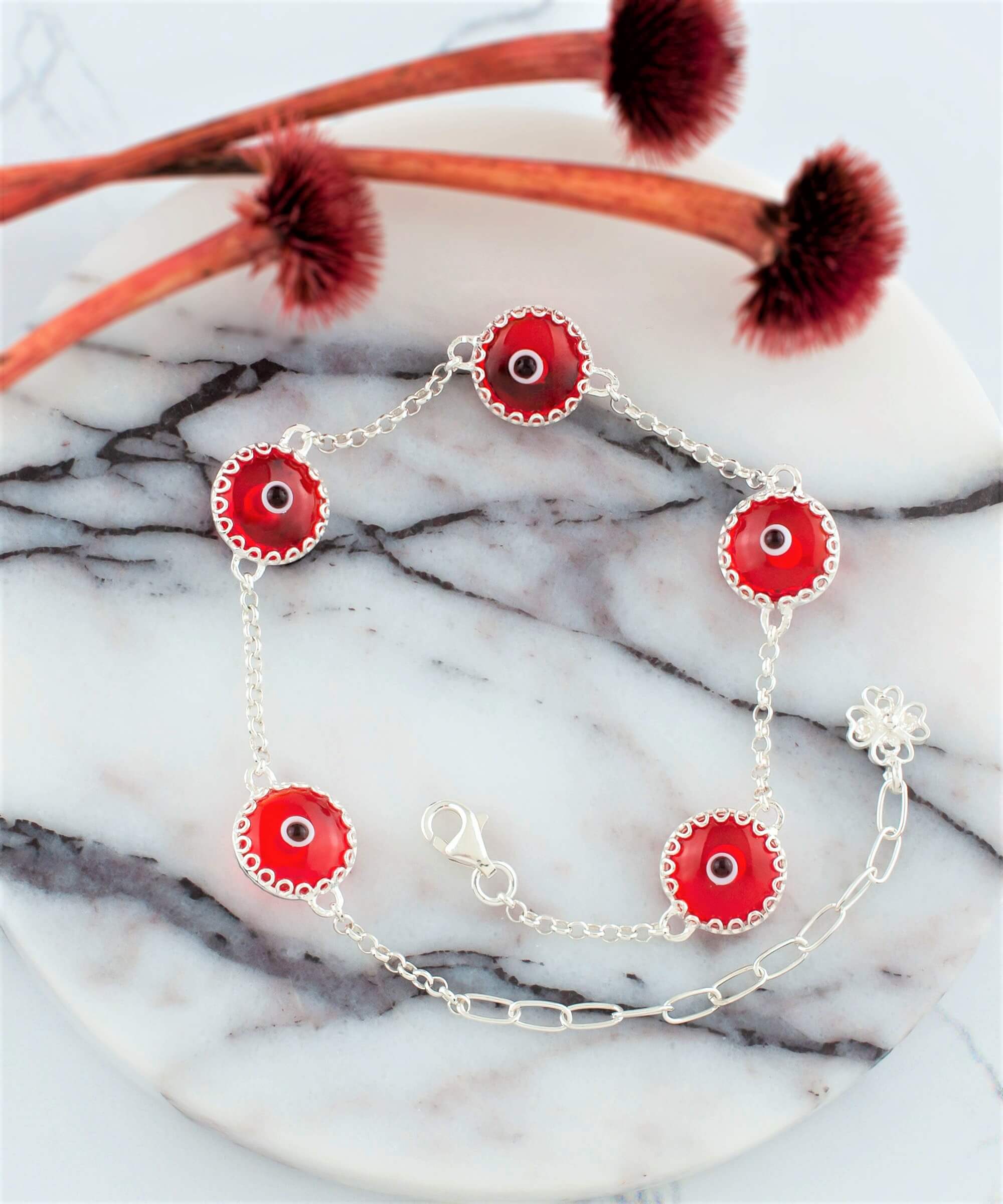 5 Beads Scarlet Evil Eye Women Silver Link Bracelet featuring five scarlet beads on a sterling silver rolo chain with a lobster claw clasp.