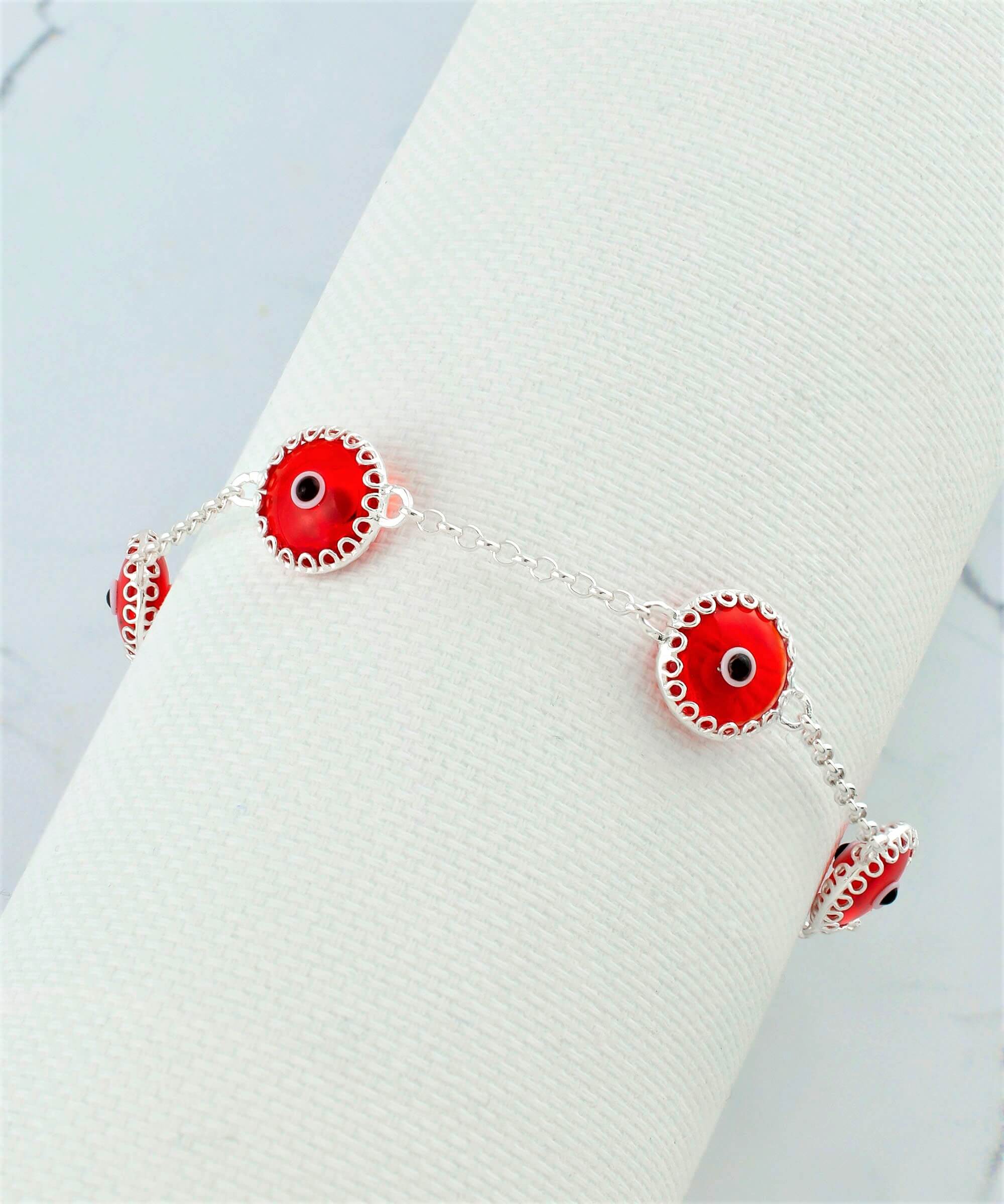 5 Beads Scarlet Evil Eye Women Silver Link Bracelet featuring five scarlet beads on a sterling silver rolo chain with a lobster claw clasp.