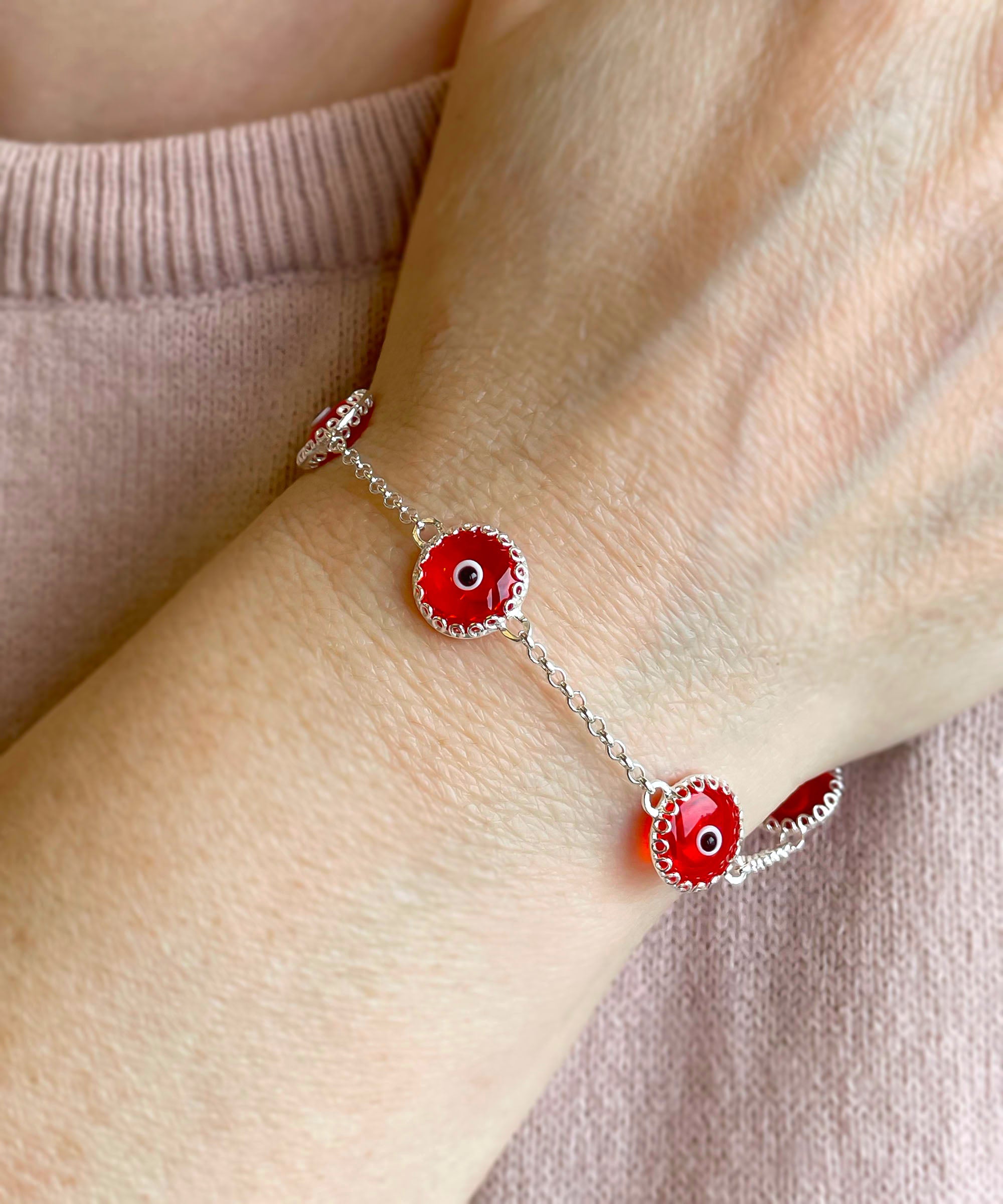 5 Beads Scarlet Evil Eye Women Silver Link Bracelet featuring five scarlet beads on a sterling silver rolo chain with a lobster claw clasp.