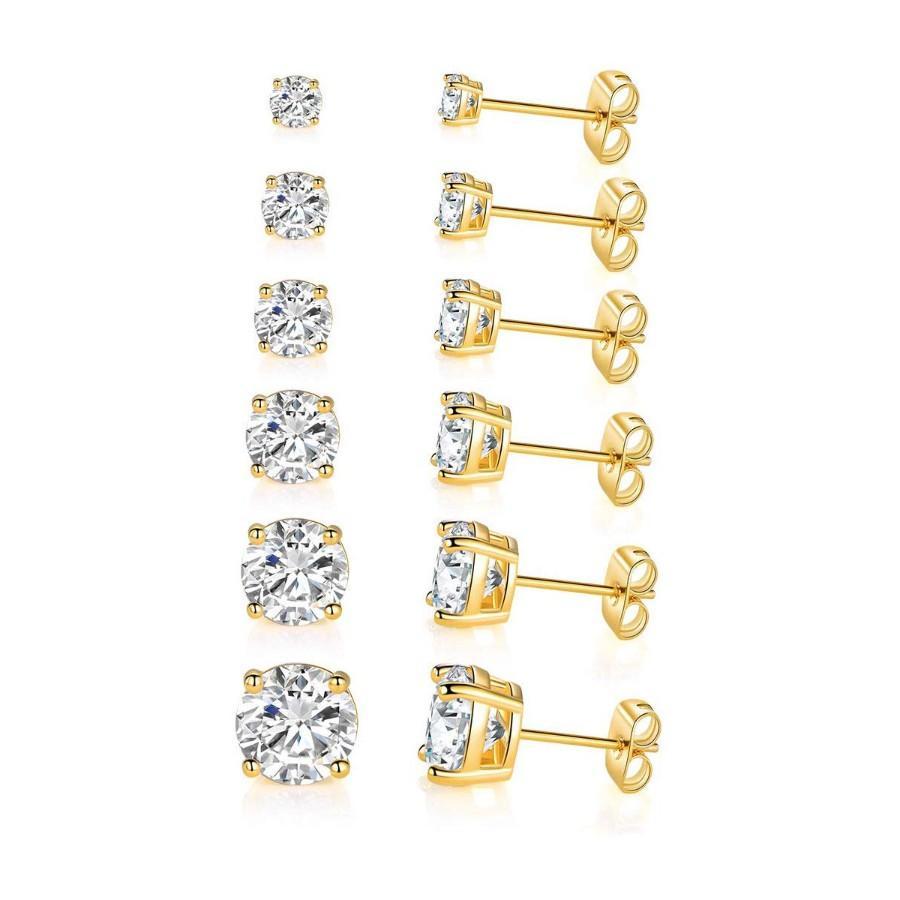 5 Pack Set of 4 Prong Stud Earrings featuring Italian design, 18K gold plating, and embellished with Austrian crystals.