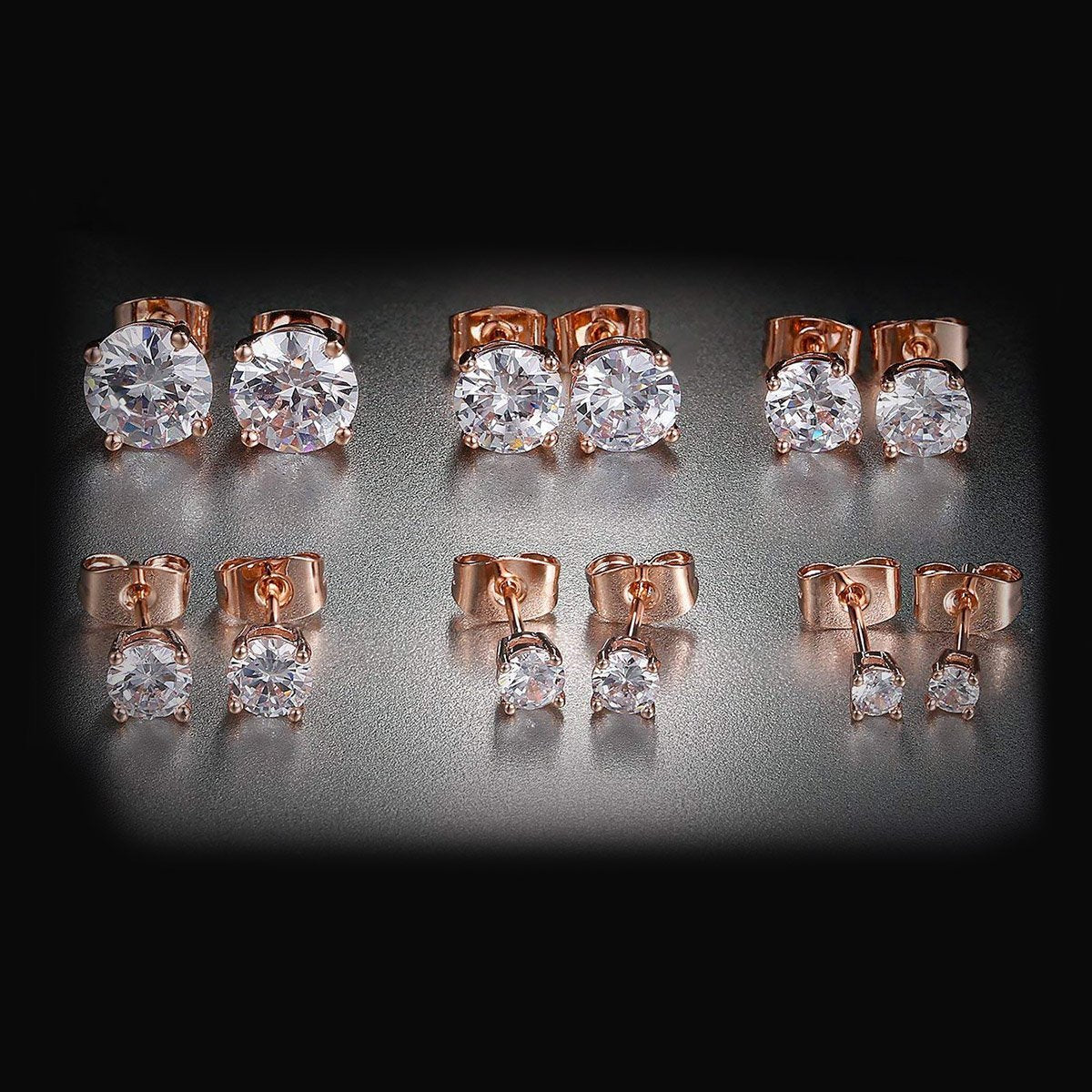 5 Pack Set of 4 Prong Stud Earrings featuring Italian design, 18K gold plating, and embellished with Austrian crystals.