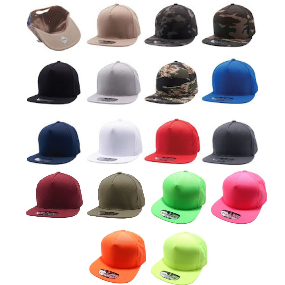 A pack of six 5 panel cotton snapback hats in various colors, showcasing their flat visor and high profile design.