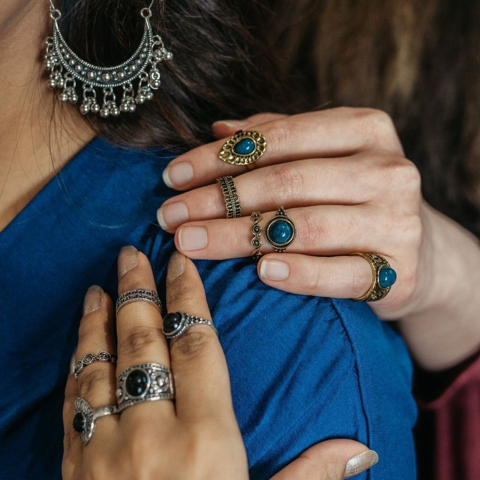 5 Piece Bohemian Vintage Tribal Midi Stackable Ring Set featuring intricate tribal patterns in silver and gold finishes.