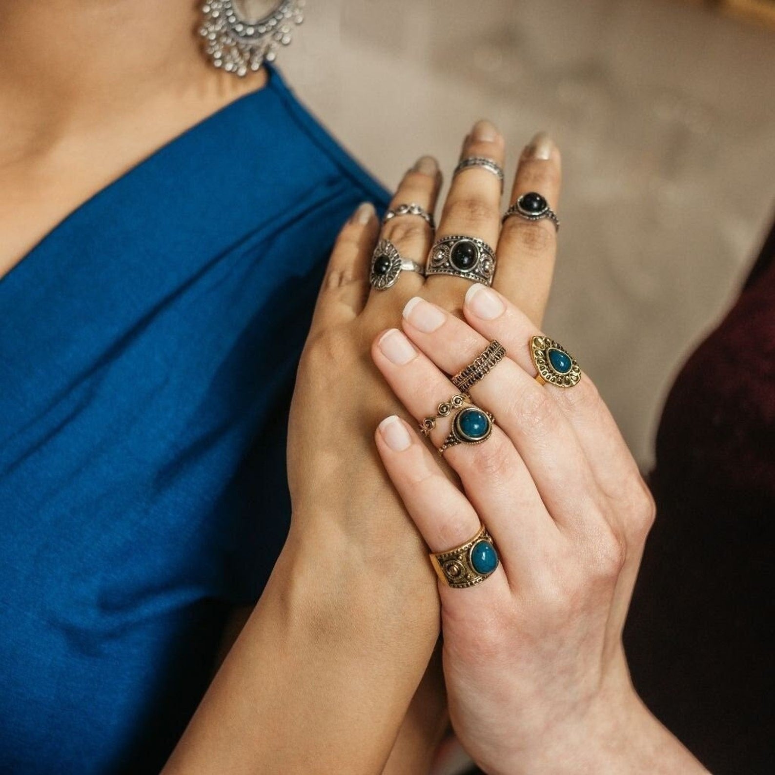 5 Piece Bohemian Vintage Tribal Midi Stackable Ring Set featuring intricate tribal patterns in silver and gold finishes.