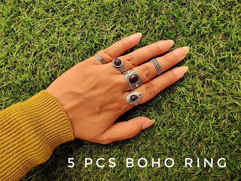 5 Piece Bohemian Vintage Tribal Midi Stackable Ring Set featuring intricate tribal patterns in silver and gold finishes.