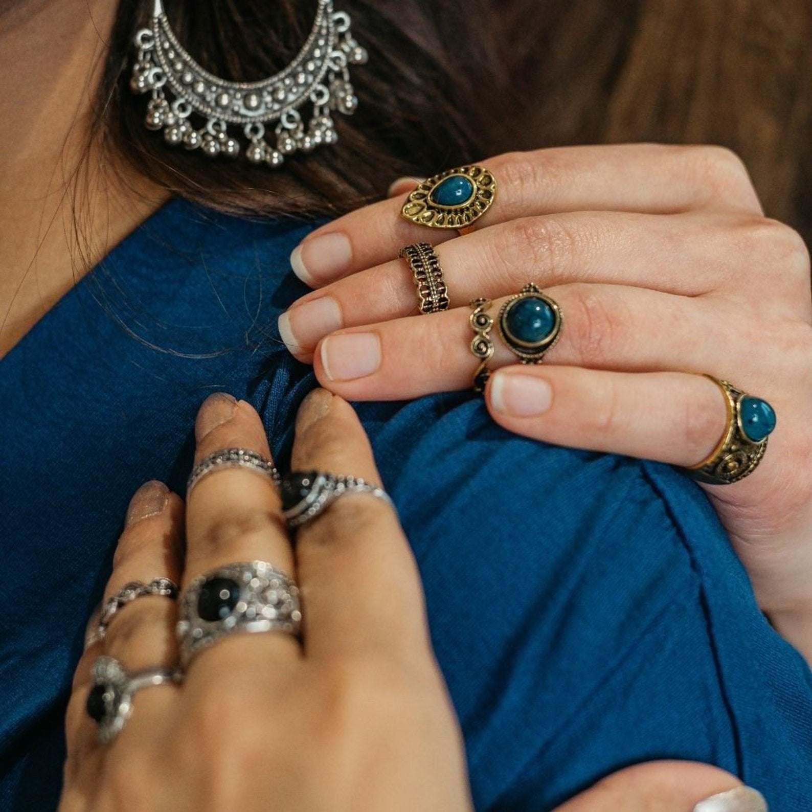 5 Piece Bohemian Vintage Tribal Midi Stackable Ring Set featuring intricate tribal patterns in silver and gold finishes.