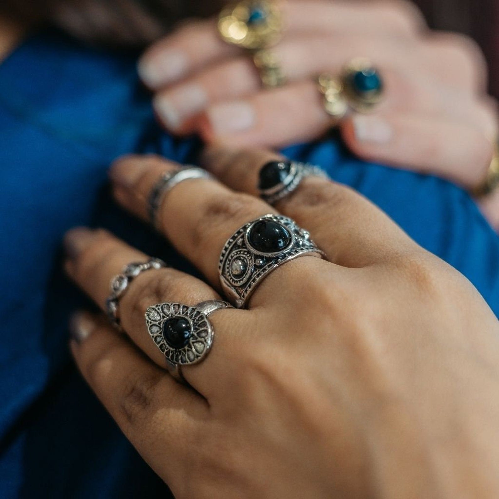 5 Piece Bohemian Vintage Tribal Midi Stackable Ring Set featuring intricate tribal patterns in silver and gold finishes.