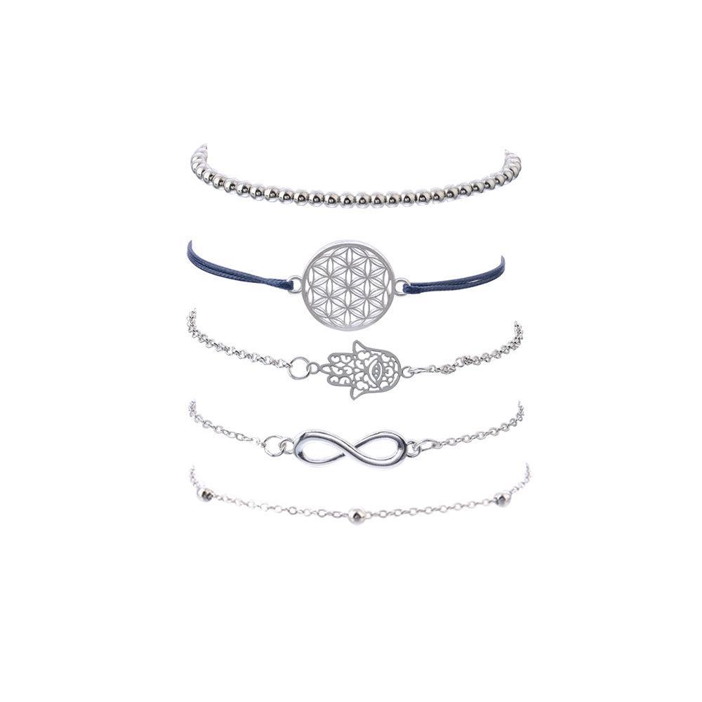 5 Piece Hamsa Infinity Bracelet Set in 18K white gold plating, showcasing intricate designs and a comfortable fit.