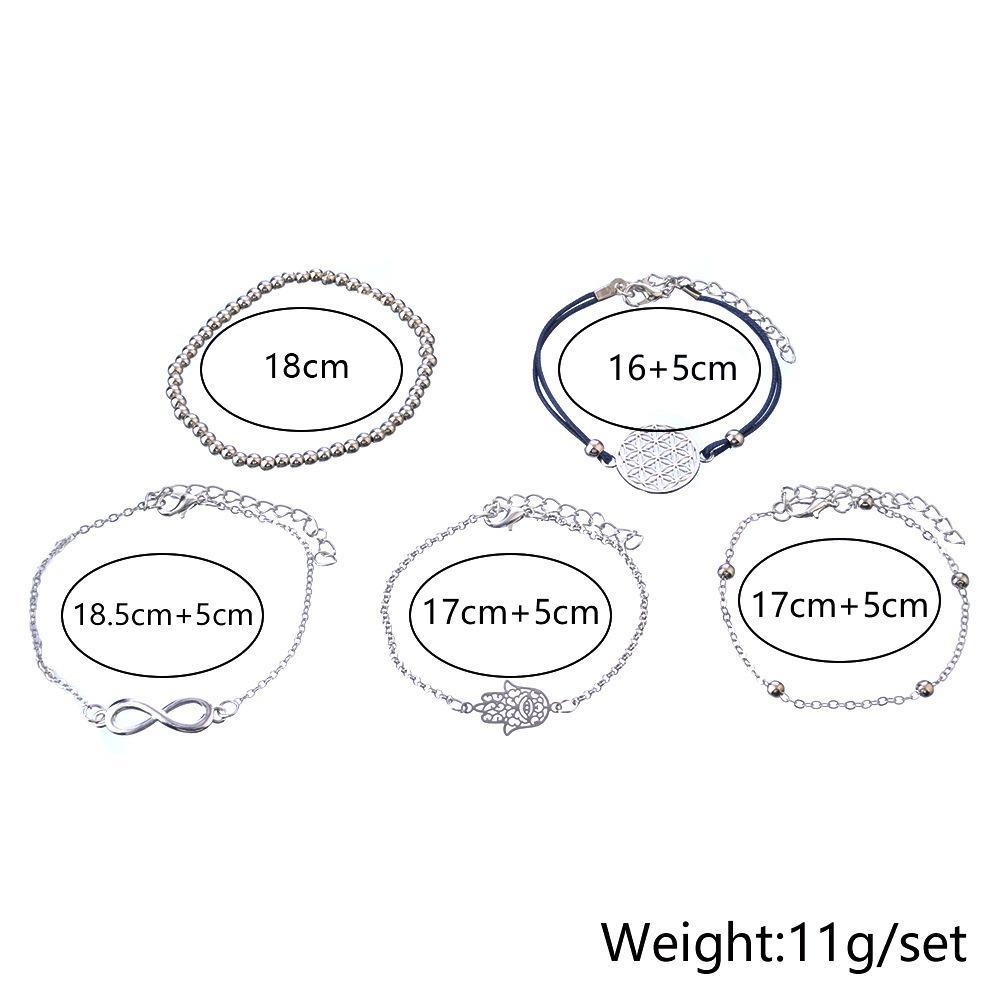 5 Piece Hamsa Infinity Bracelet Set in 18K white gold plating, showcasing intricate designs and a comfortable fit.