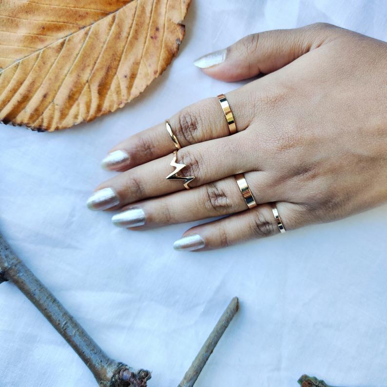 5 Piece Stackable Midi Gold Silver Chevron Knuckle Boho Ring Set displayed elegantly, showcasing the intricate design and color options.