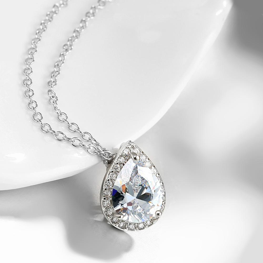 5.00 CT Teardrop Pave Necklace in 18K White Gold Plated with sparkling crystals, showcasing an elegant teardrop design.