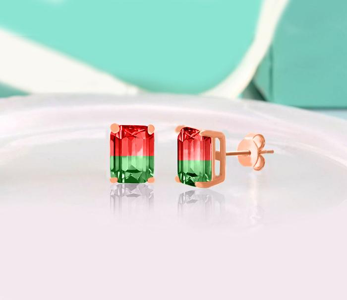 Elegant 5.00 Ctw Emerald Cut Ruby and Emerald Stud Earrings in 18K Rose Gold Plating, showcasing vibrant gemstones and luxurious design.