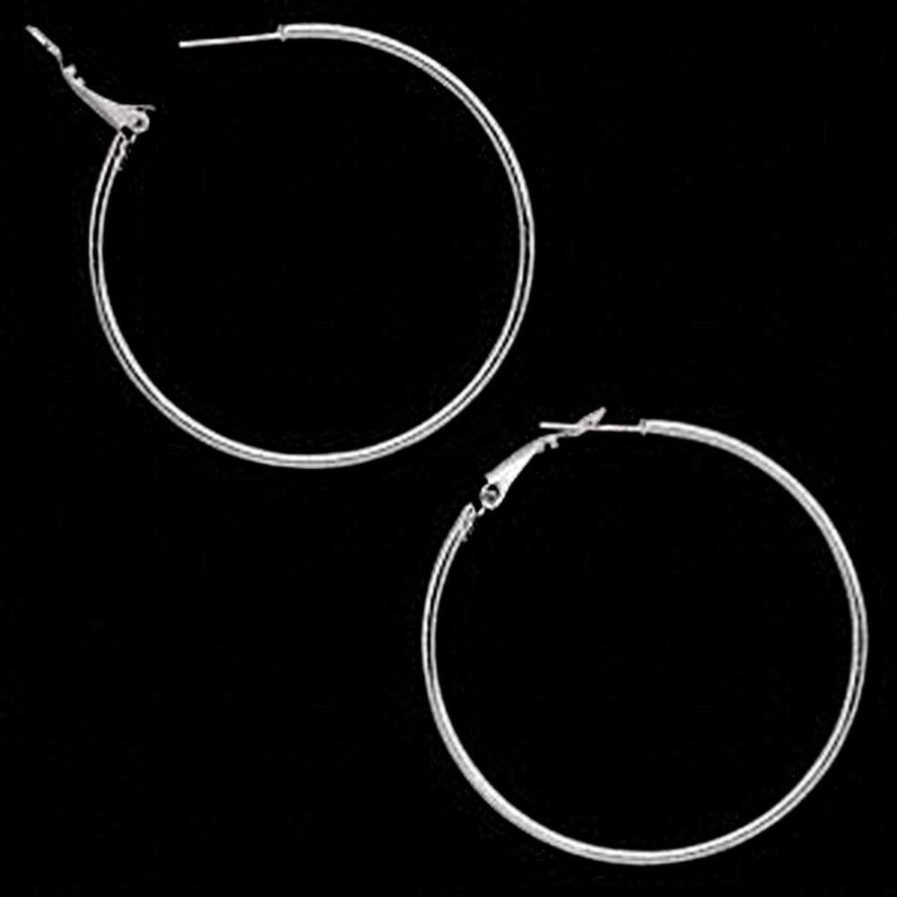 A pair of 50mm surgical steel stainless hoop earrings with a shiny finish and leverback closure, displayed against a neutral background.