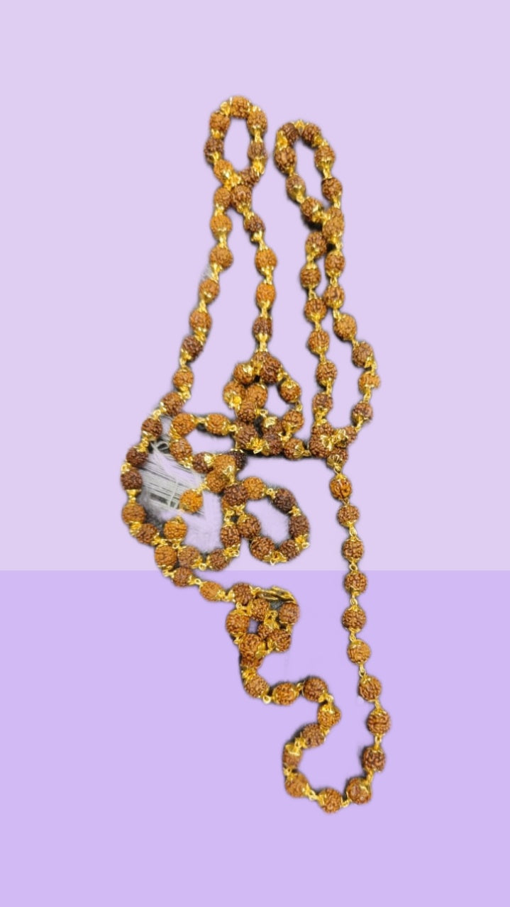 A beautifully crafted 54 Rudraksha Beads Mala with golden caps, symbolizing spirituality and elegance.