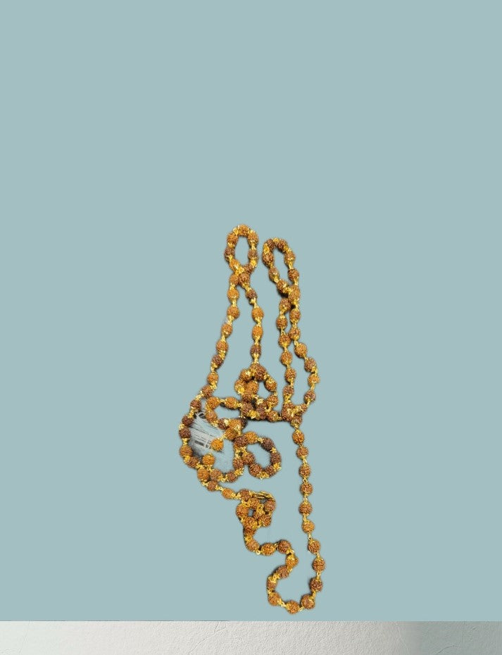 A beautifully crafted 54 Rudraksha Beads Mala with golden caps, symbolizing spirituality and elegance.