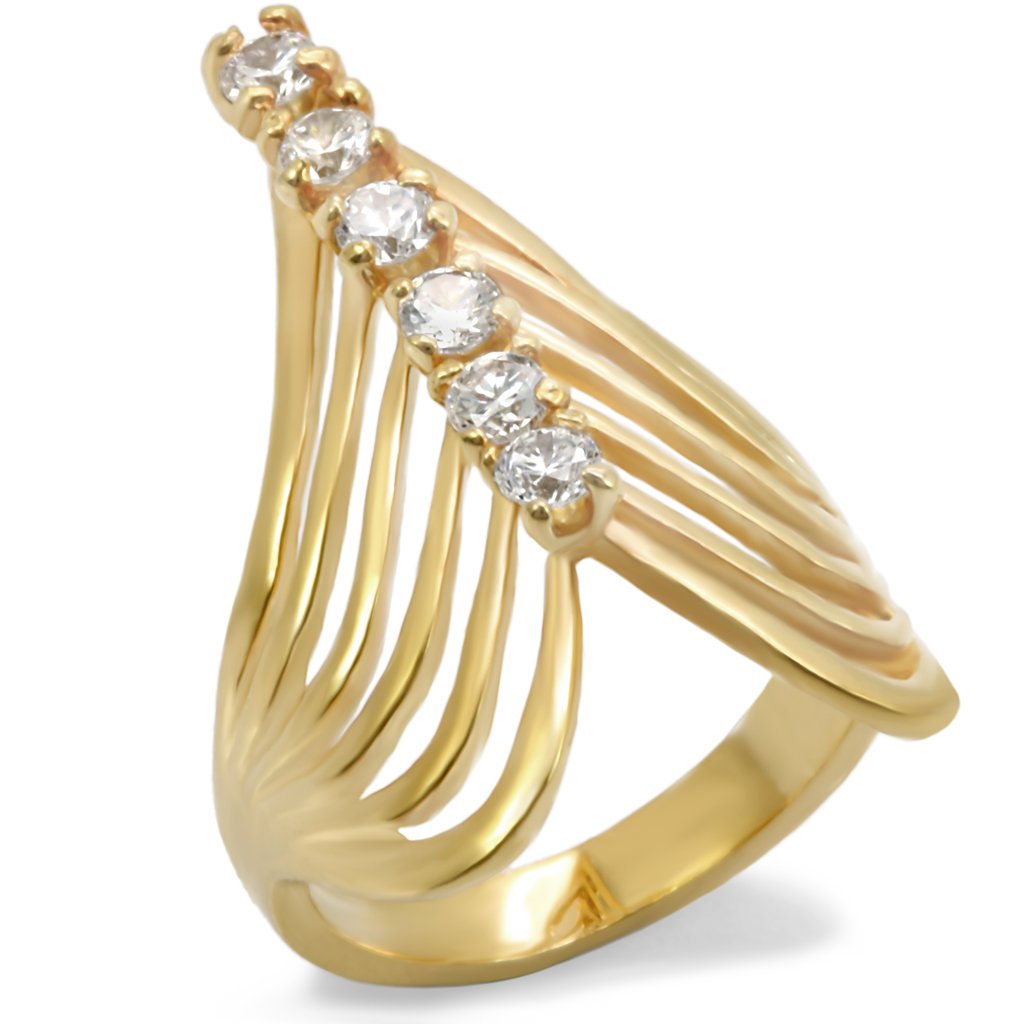 Gold brass ring featuring a clear AAA Grade cubic zirconia center stone, elegantly designed for stylish wear.