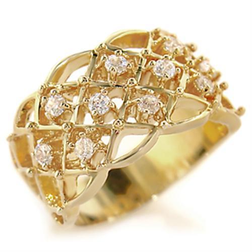 A beautiful gold brass ring featuring a clear AAA Grade cubic zirconia stone, elegantly designed for any occasion.