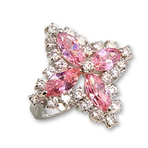 Rhodium brass ring featuring a stunning AAA Grade CZ center stone in rose color, showcasing elegance and craftsmanship.