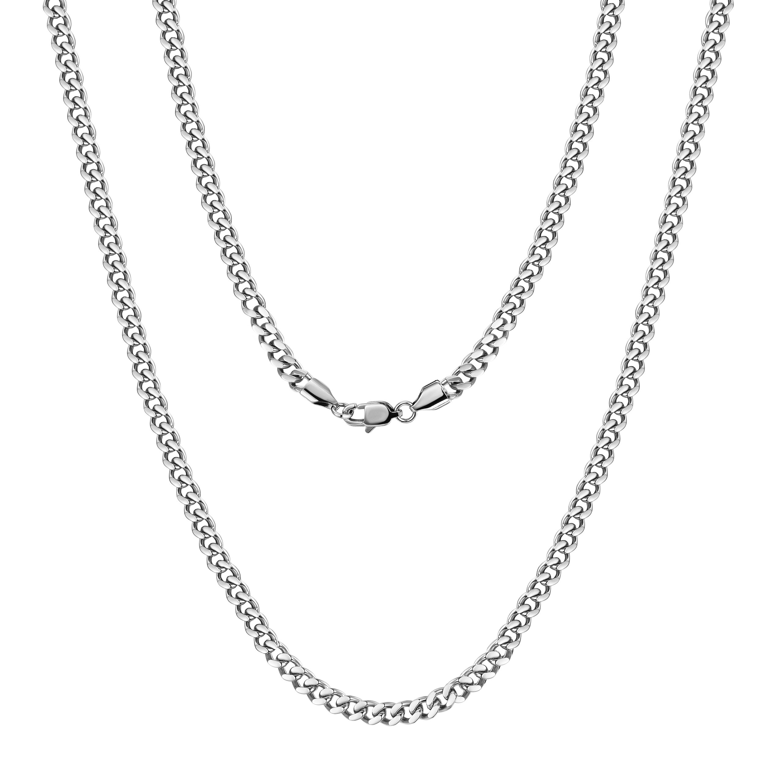 5mm Silver Hip Hop Cuban Chain Necklace made of durable stainless steel with gold plating, showcasing a stylish Cuban link design.