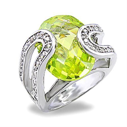 5X004 Rhodium Brass Ring featuring an AAA Grade CZ stone in vibrant apple green color, showcasing its elegant design and craftsmanship.