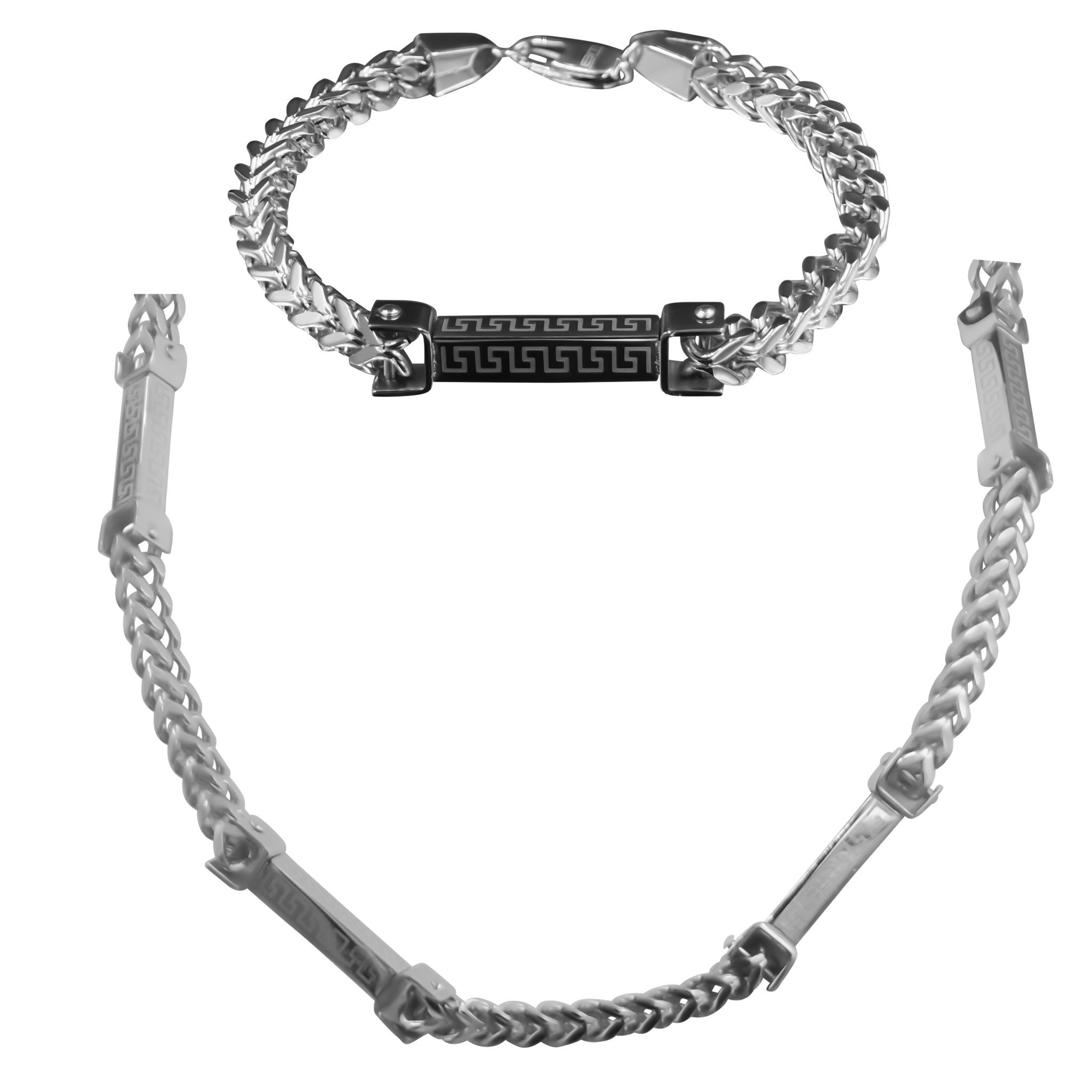 6 MM Solid Steel FV 24" Chain with 9" Matching Bracelet featuring Franco and Greek key design in stainless steel.