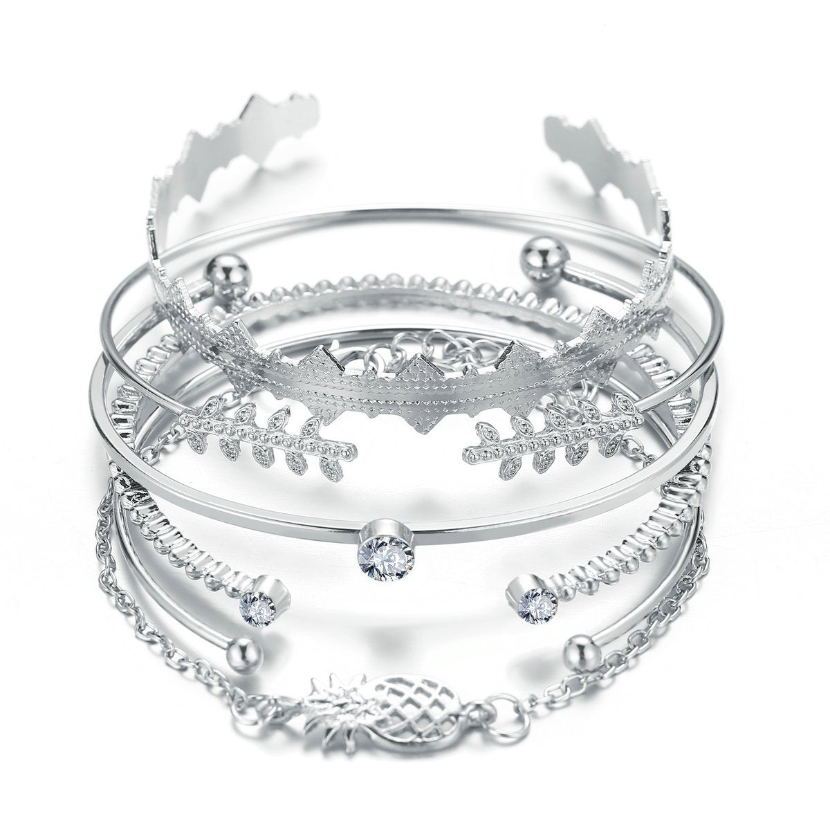 A stunning 6 Piece Geometric Bangle Set featuring Austrian Crystals in 18K White Gold, showcasing intricate designs and a luxurious finish.