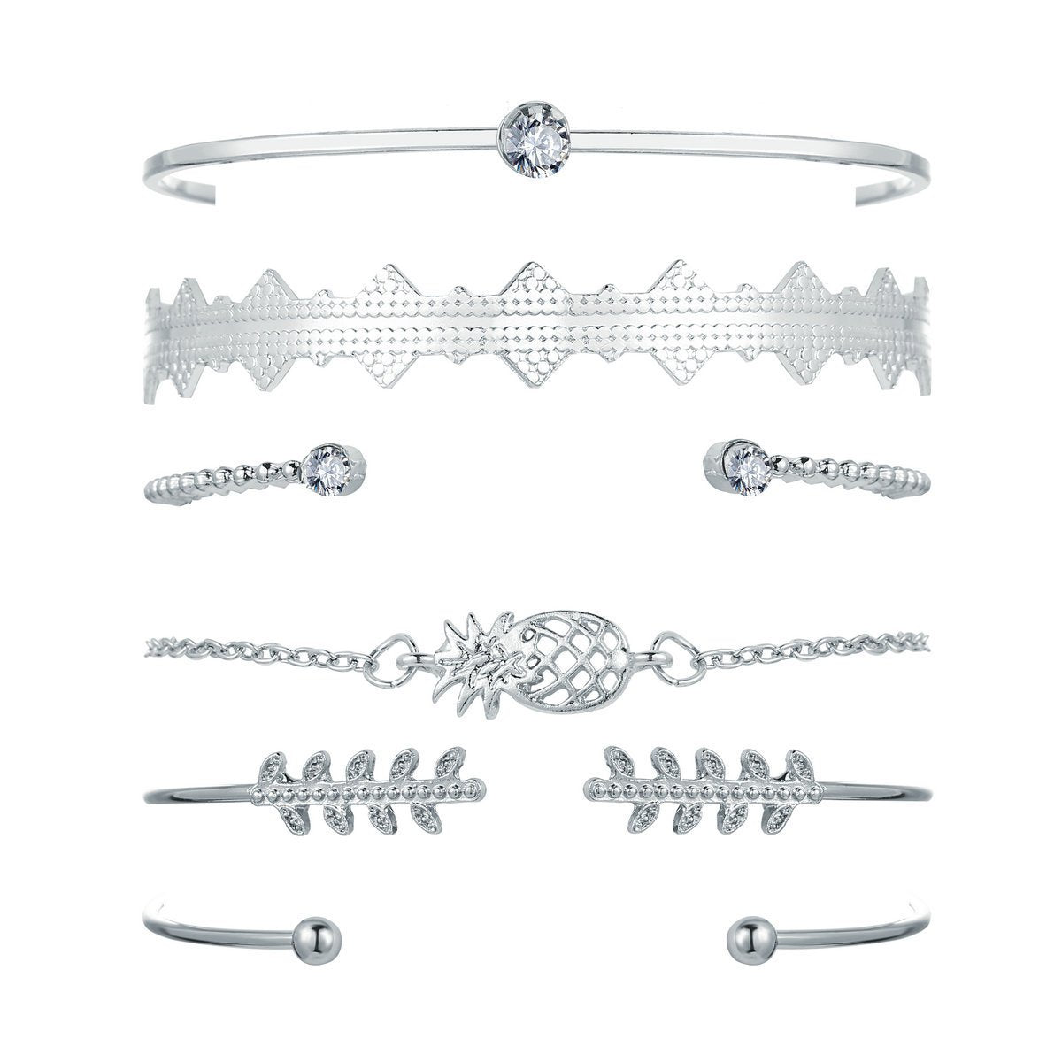 A stunning 6 Piece Geometric Bangle Set featuring Austrian Crystals in 18K White Gold, showcasing intricate designs and a luxurious finish.