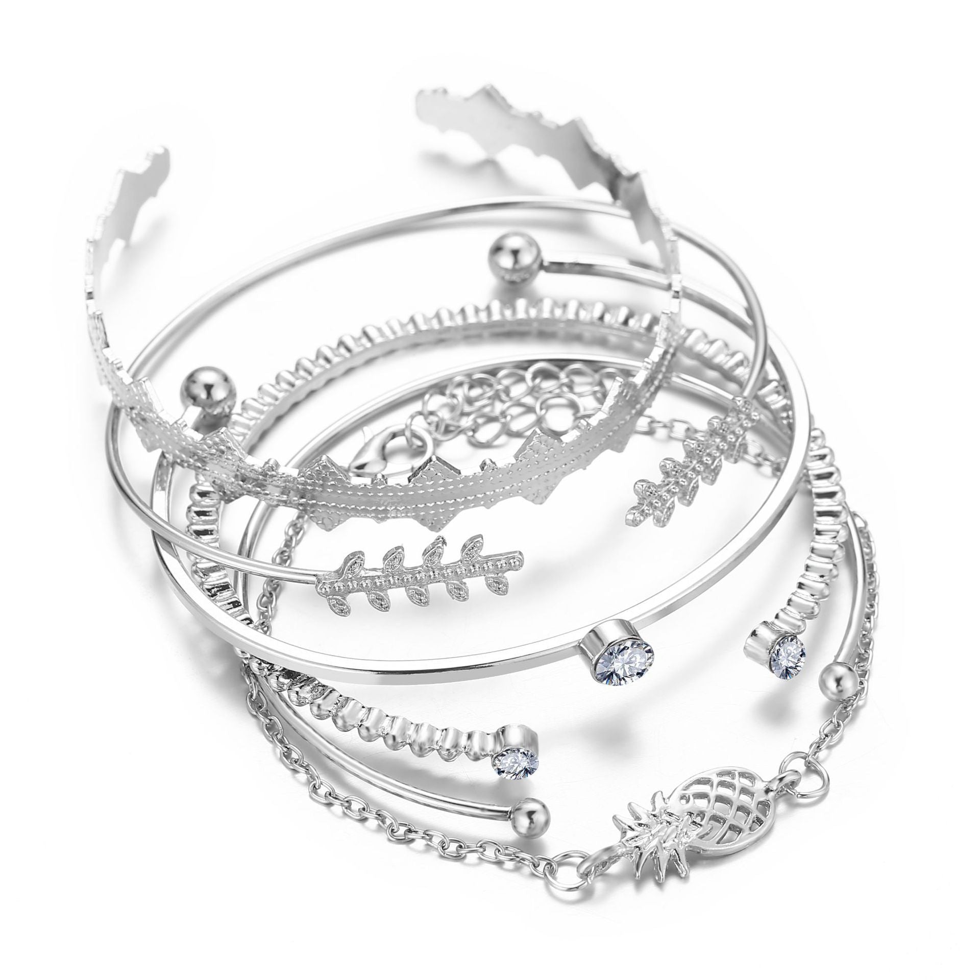 A stunning 6 Piece Geometric Bangle Set featuring Austrian Crystals in 18K White Gold, showcasing intricate designs and a luxurious finish.