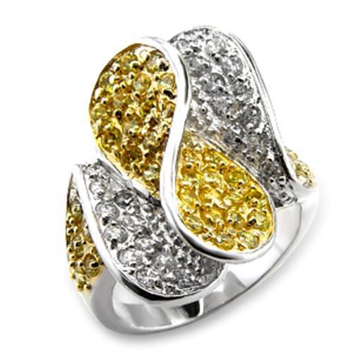 Elegant 60118 Gold and Rhodium Brass Ring featuring AAA Grade CZ stone in topaz color, showcasing its luxurious design.