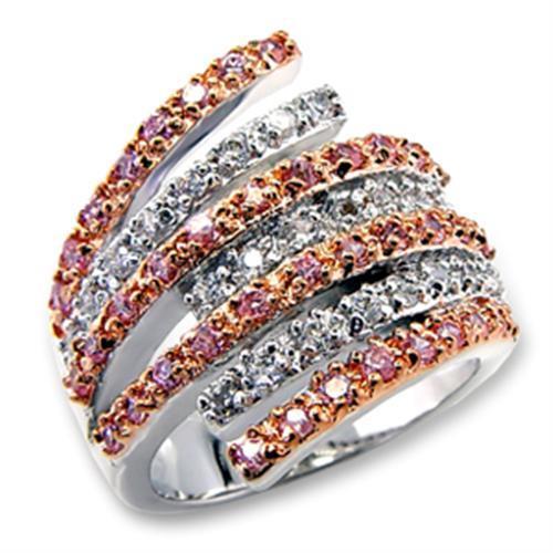 Elegant rose gold and rhodium brass ring featuring AAA grade CZ center stone in rose color, showcasing its luxurious design.