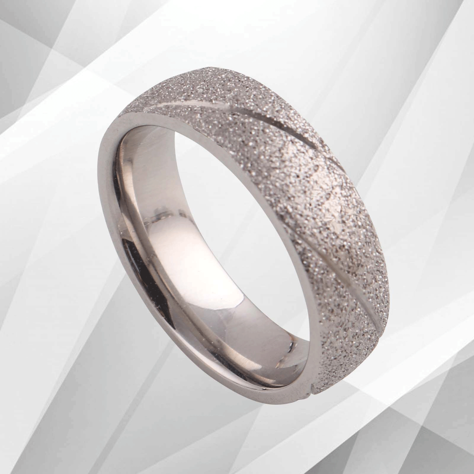 6mm men's tungsten ring with sand finish and 18Ct white gold plating, showcasing its elegant design and comfort fit.