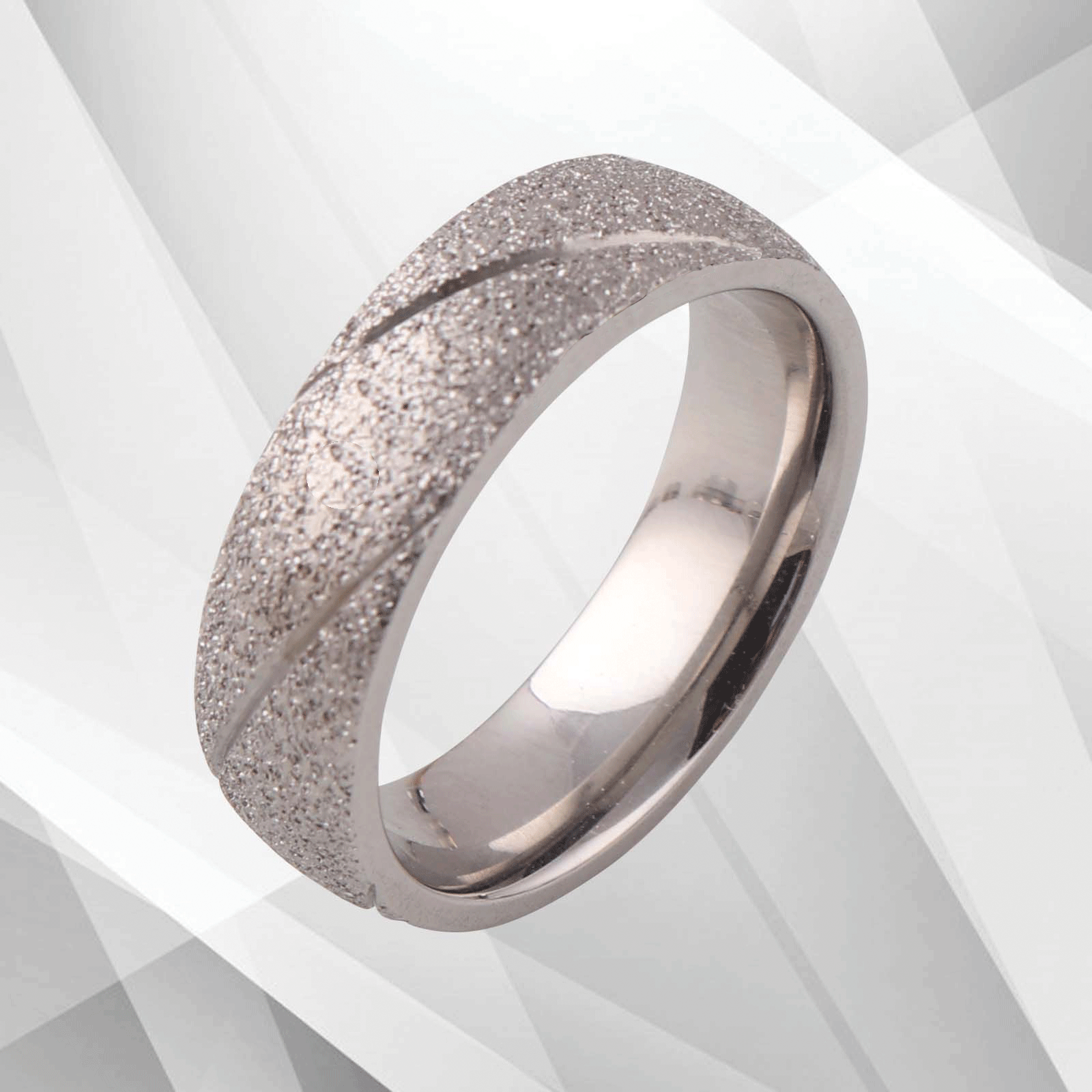 6mm men's tungsten ring with sand finish and 18Ct white gold plating, showcasing its elegant design and comfort fit.