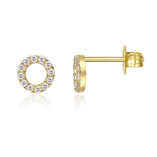 Elegant 6mm pave disc stud earrings with sparkling crystals, featuring 14K gold plating, designed for comfort and hypoallergenic wear.