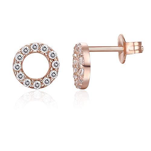 Elegant 6mm pave disc stud earrings with sparkling crystals, plated in 14K rose gold, showcasing a luxurious design.