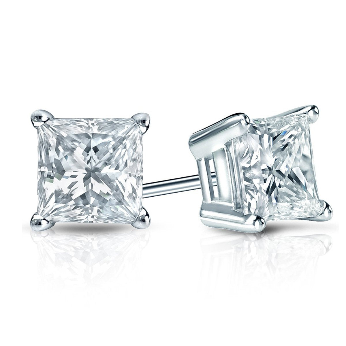 Elegant 6mm princess stud earrings featuring sparkling Austrian crystals set in 18K white gold, showcasing a timeless design.