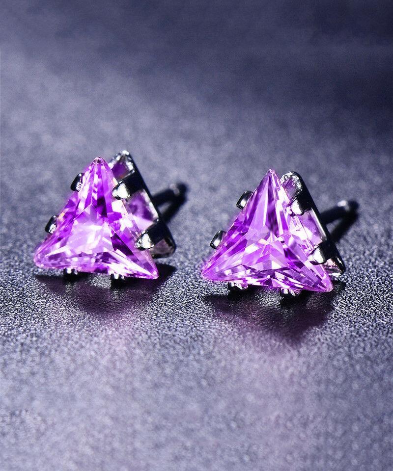 6mm triangle stud earring featuring Austrian crystals in amethyst, set in 18K white gold, showcasing elegant design and craftsmanship.