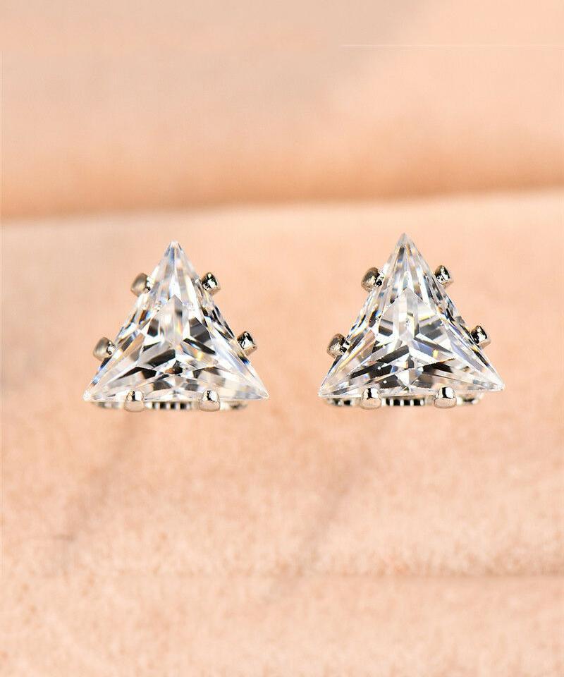 Elegant 6mm triangle stud earrings featuring clear Austrian crystals set in 18K white gold, showcasing a modern design.