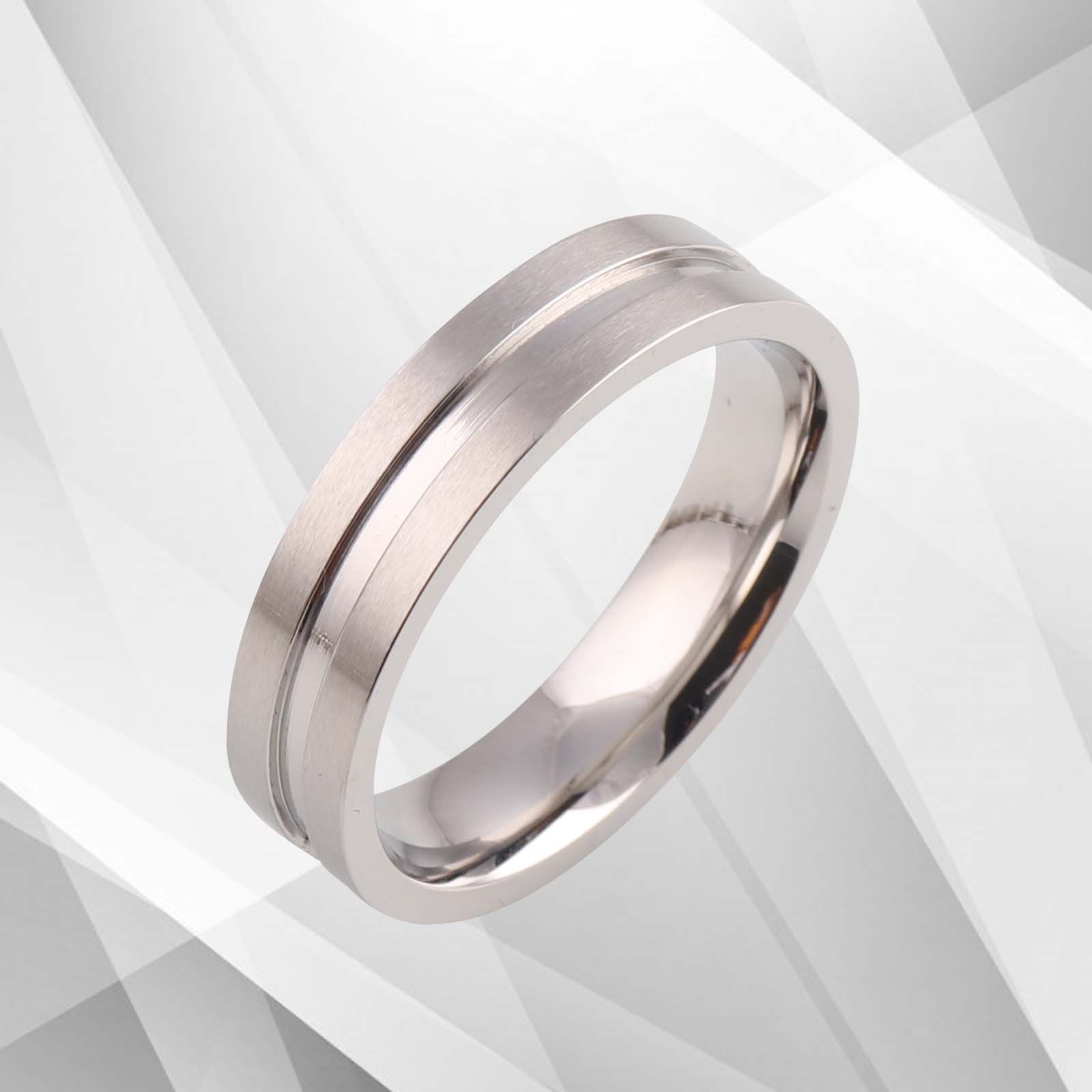 6mm wide men's flat titanium wedding band with 18Ct white gold finish, showcasing a combination of matt and sparkling textures.