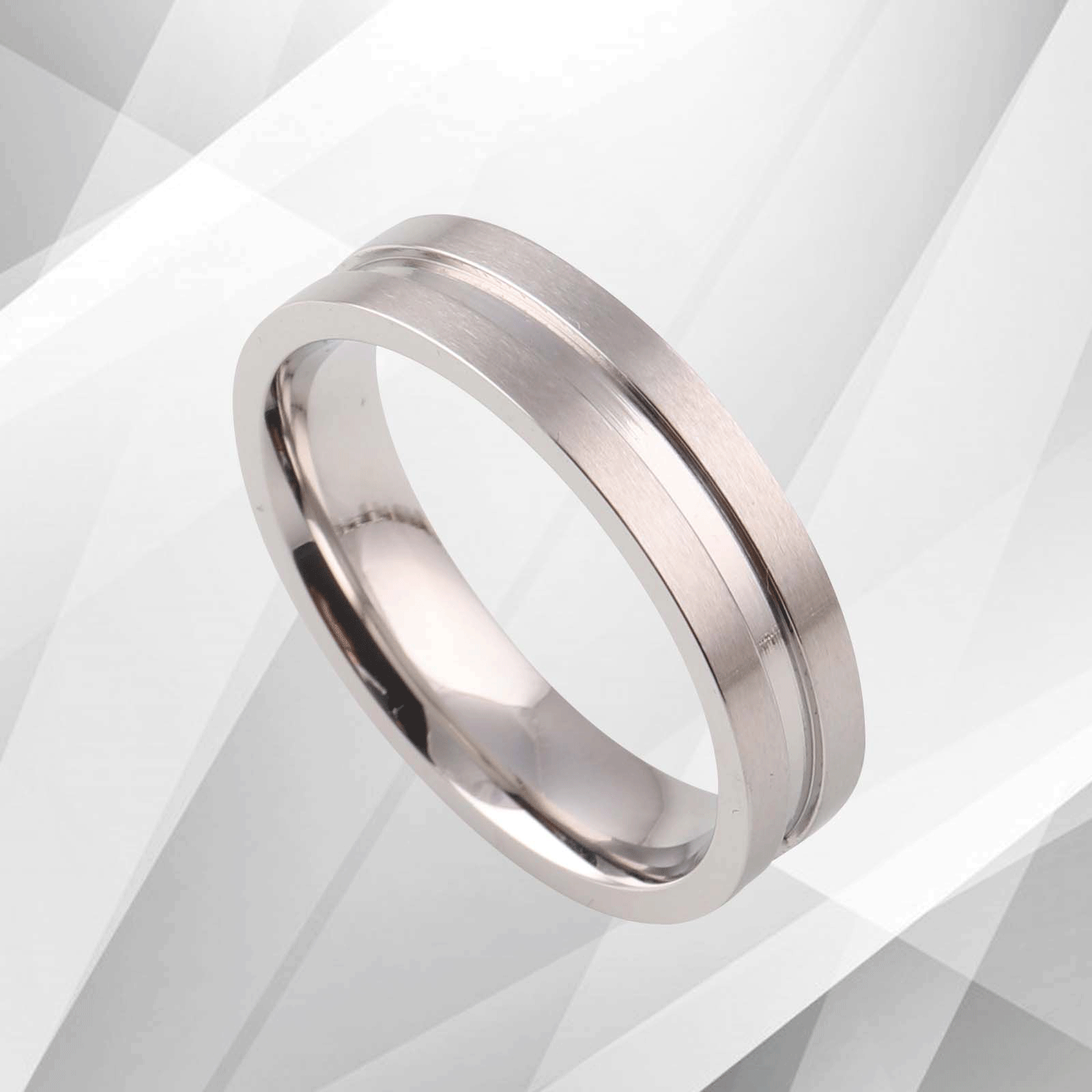 6mm wide men's flat titanium wedding band with 18Ct white gold finish, showcasing a combination of matt and sparkling textures.