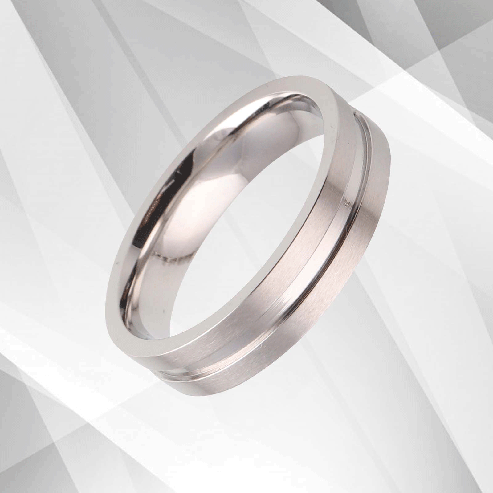 6mm wide men's flat titanium wedding band with 18Ct white gold finish, showcasing a combination of matt and sparkling textures.